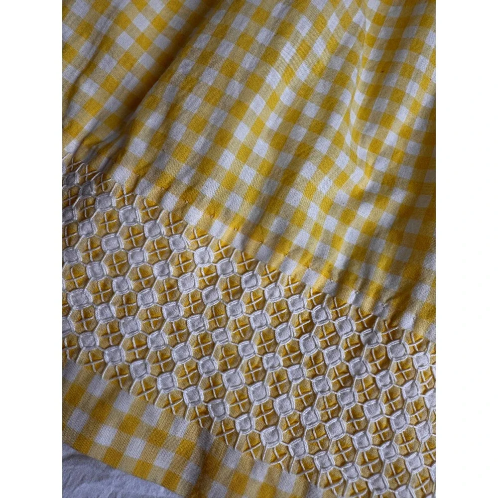 Vintage Yellow Gingham Half Apron White Chicken Scratch Embroidery Pocket Tie